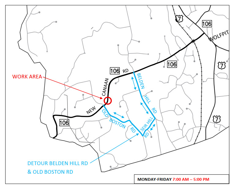 map of detour for Route 106, Belden Hill Road to Old Boston Road